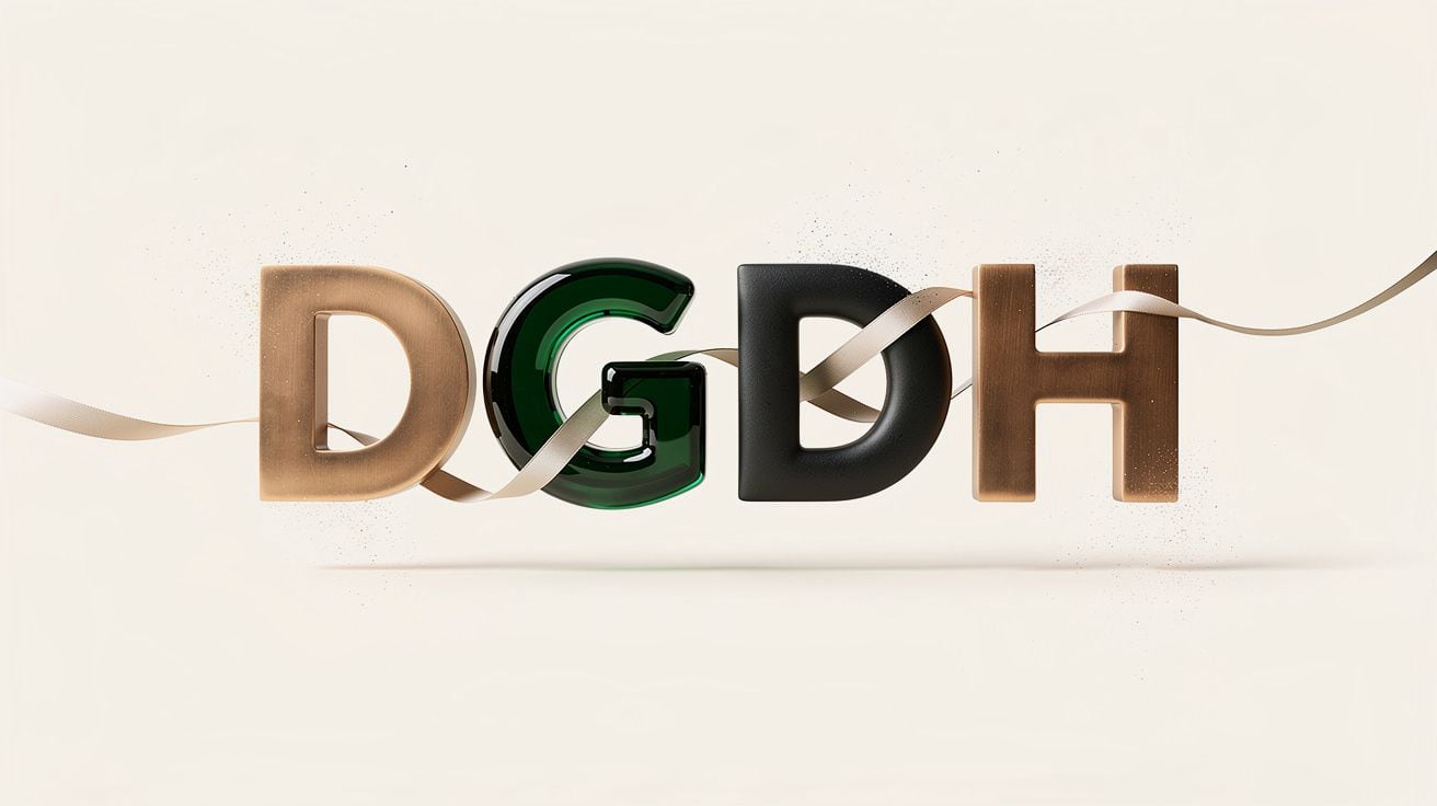 Sculptuur van de letters DGDH in brons, groen glas en zwart keramiek, gemaakt met DGDH FIELD