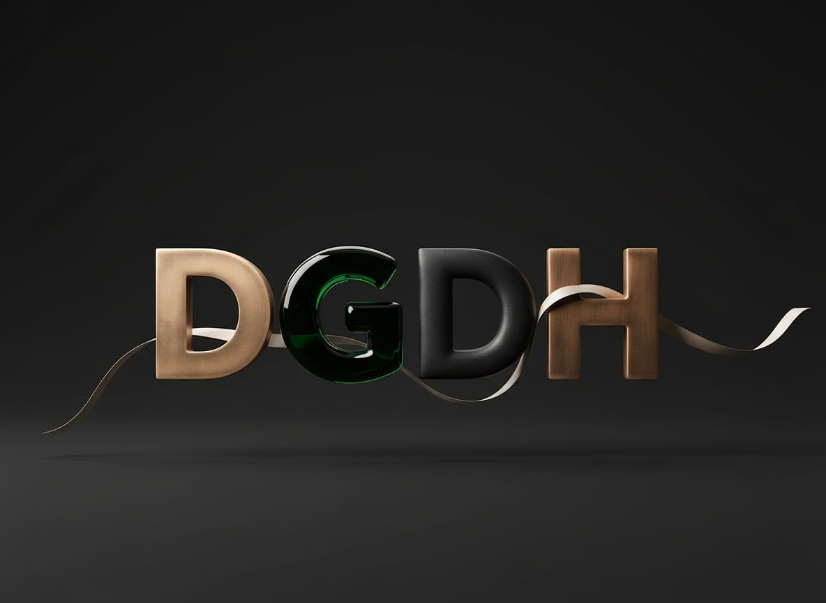De letters DGDH komen samen, de H wordt met een lint verbonden