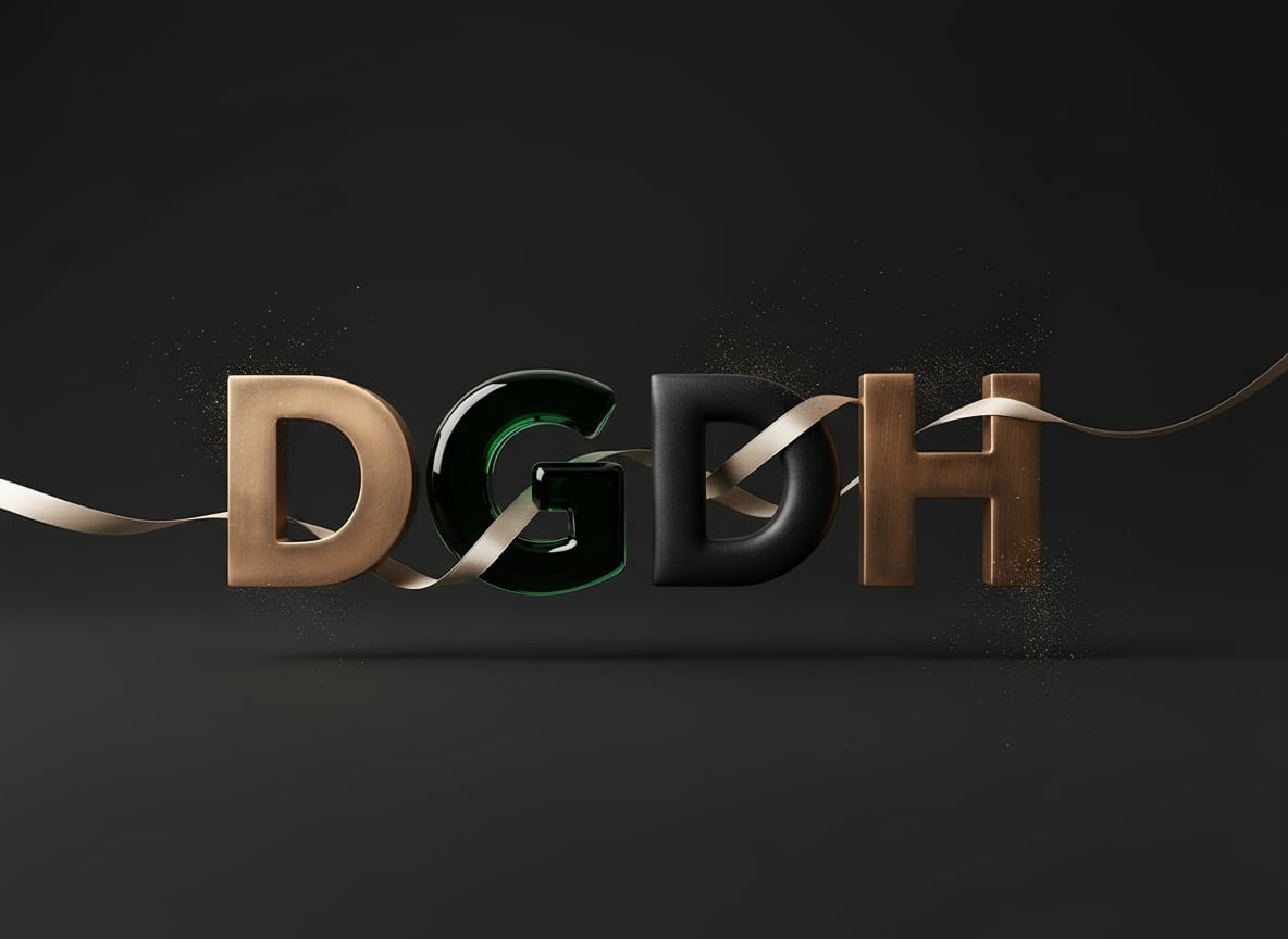 De voltooide sculptuur: de letters DGDH, verbonden door één lint