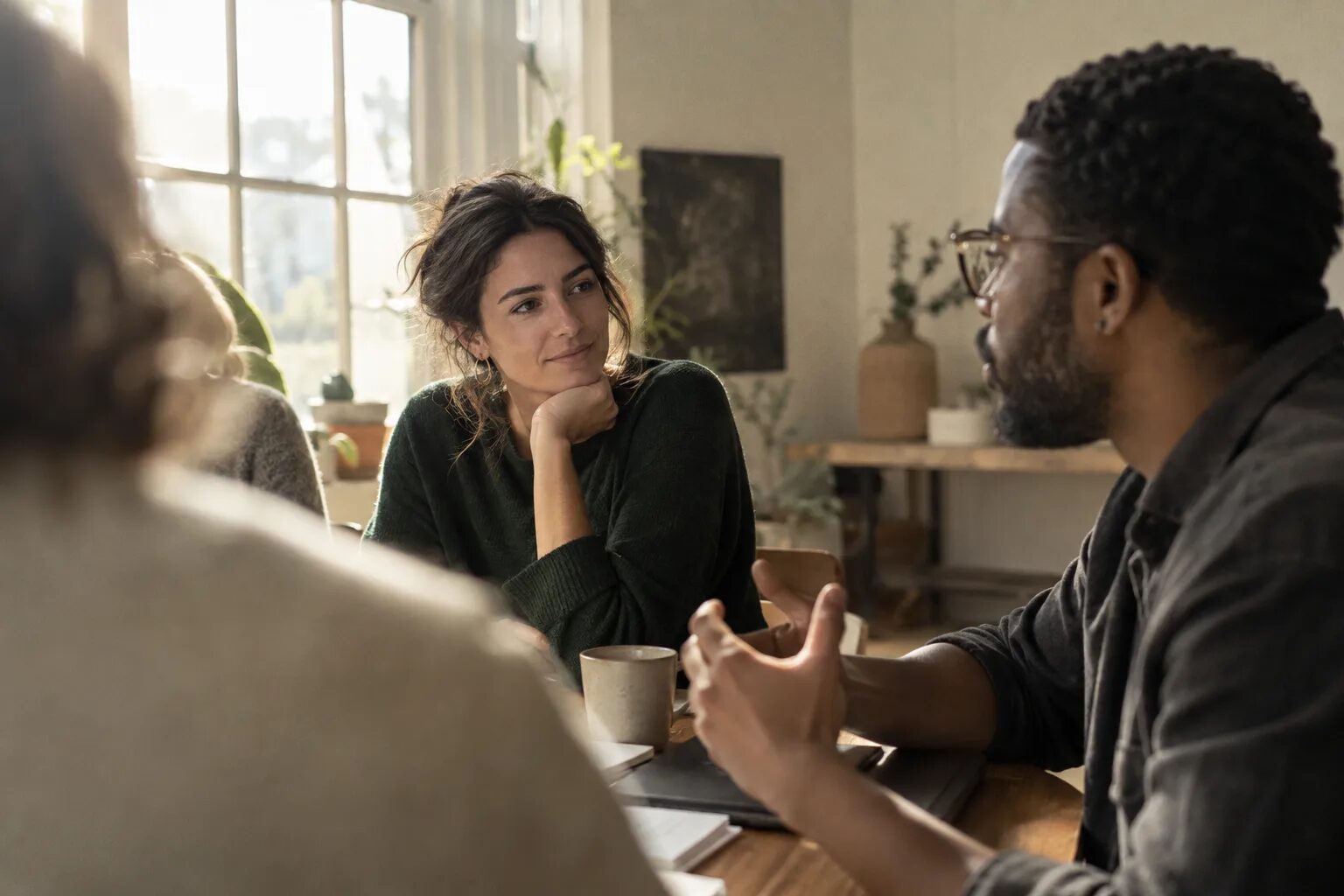 Ondernemers in gesprek aan een tafel in zacht daglicht