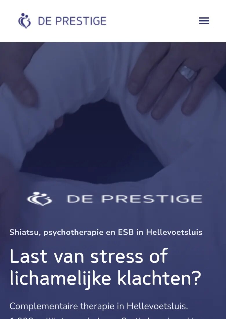 De website van De Prestige op een telefoon, met een WhatsApp-knop